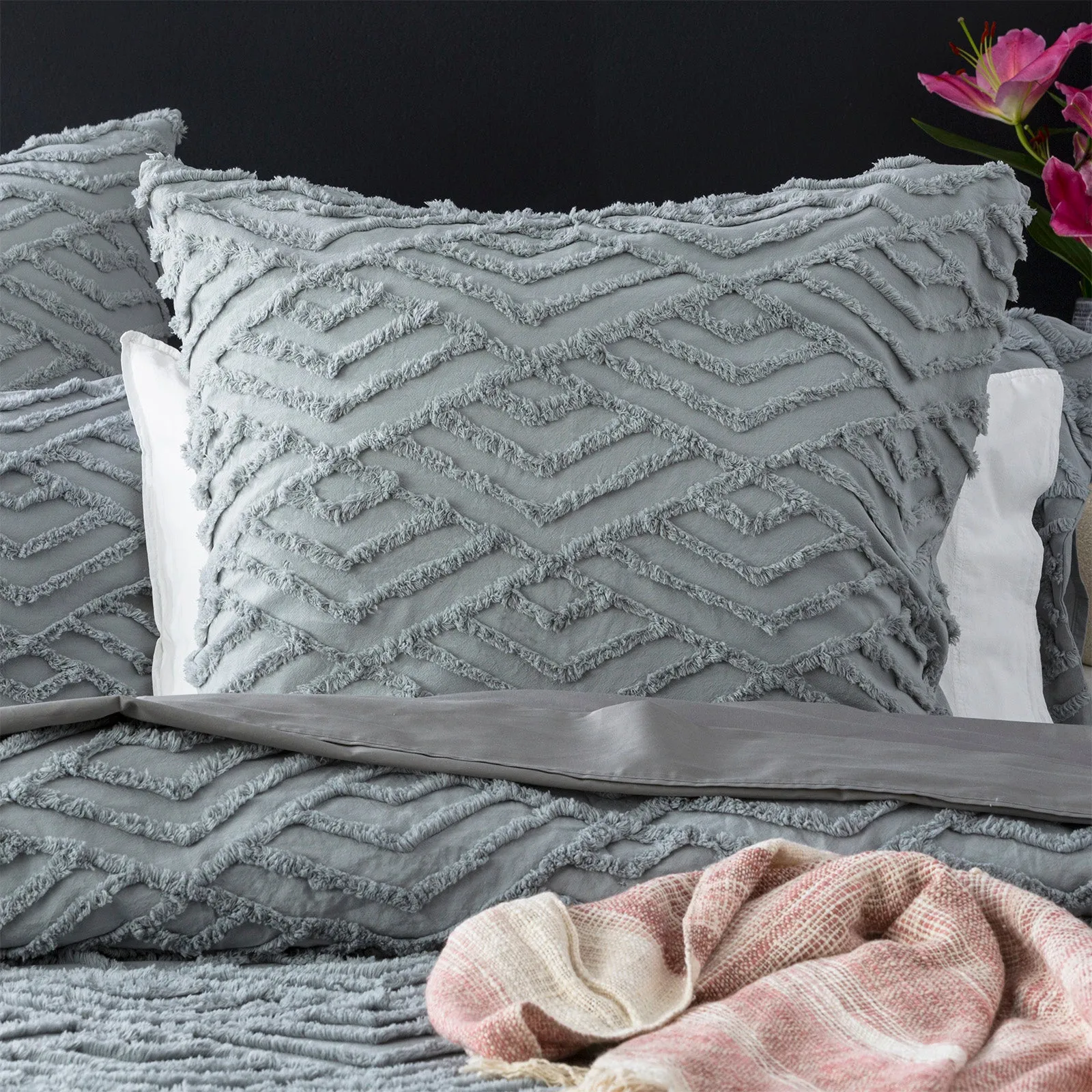 Revive Living Chevvy 100% Cotton Chenille Vintage Washed Tufted Quilt Cover Set - Silver