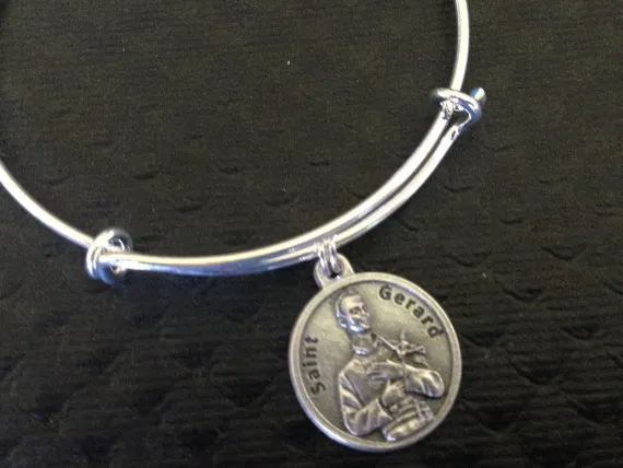 Saint Gerard with Prayer on Back Silver Expandable Bangle Patron Saint of Children, Expectant Mothers, and in Childbirth Double Sided Adjustable Bracelet