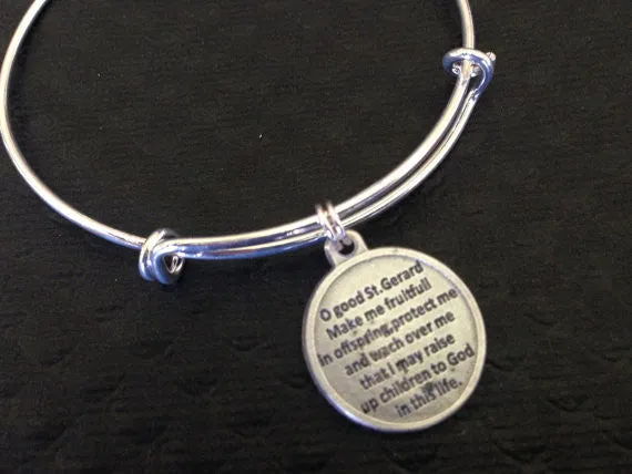 Saint Gerard with Prayer on Back Silver Expandable Bangle Patron Saint of Children, Expectant Mothers, and in Childbirth Double Sided Adjustable Bracelet