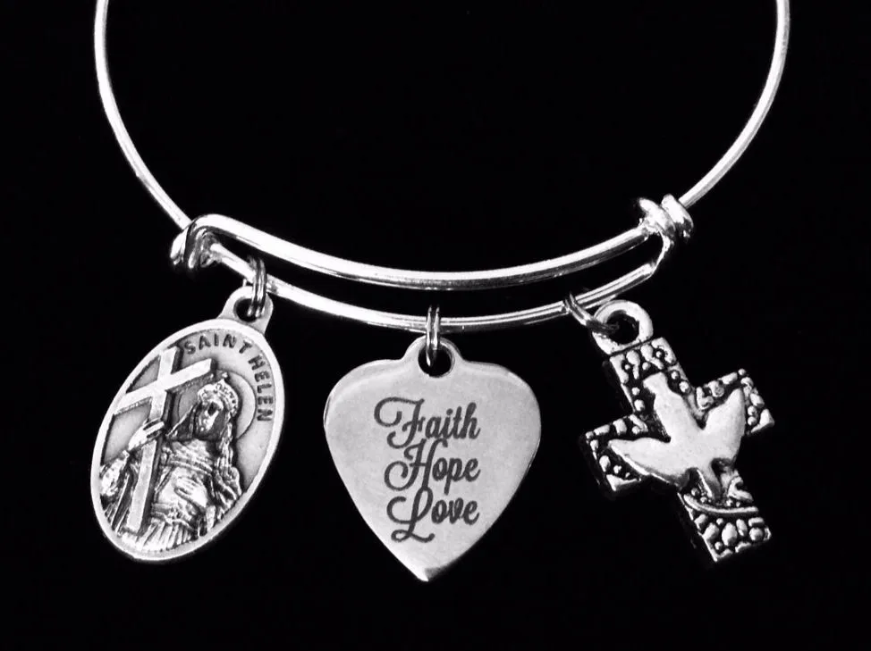Saint Helen Expandable Charm Bracelet Silver Adjustable Wire Bangle Patron Saint for the Divorced