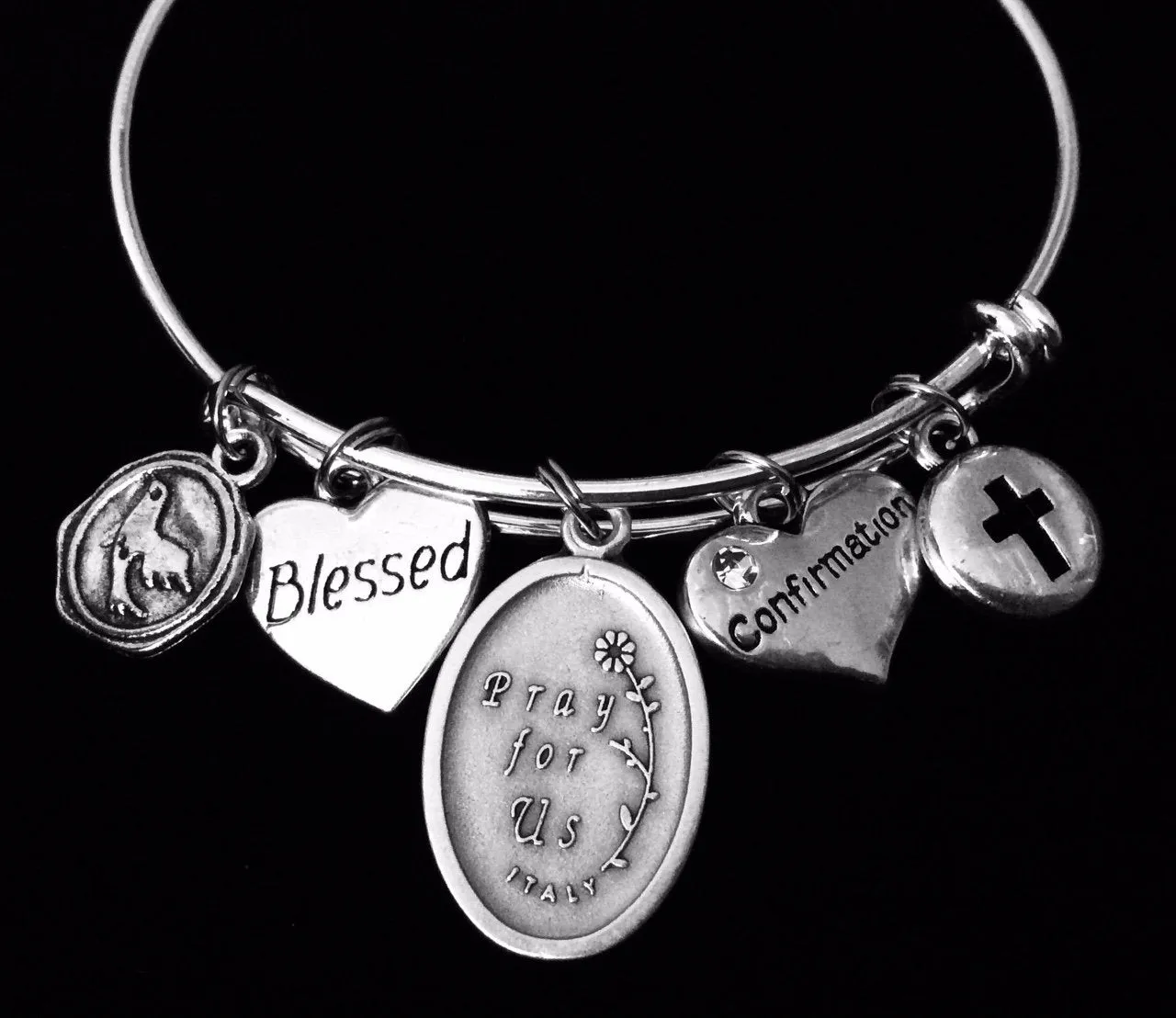 Saint Joan of Arc Confirmation Jewelry Expandable Charm Bracelet Blessed Silver Adjustable Bangle Catholic Cross Gift Dove