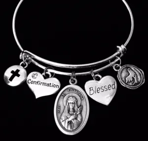 Saint Joan of Arc Confirmation Jewelry Expandable Charm Bracelet Blessed Silver Adjustable Bangle Catholic Cross Gift Dove