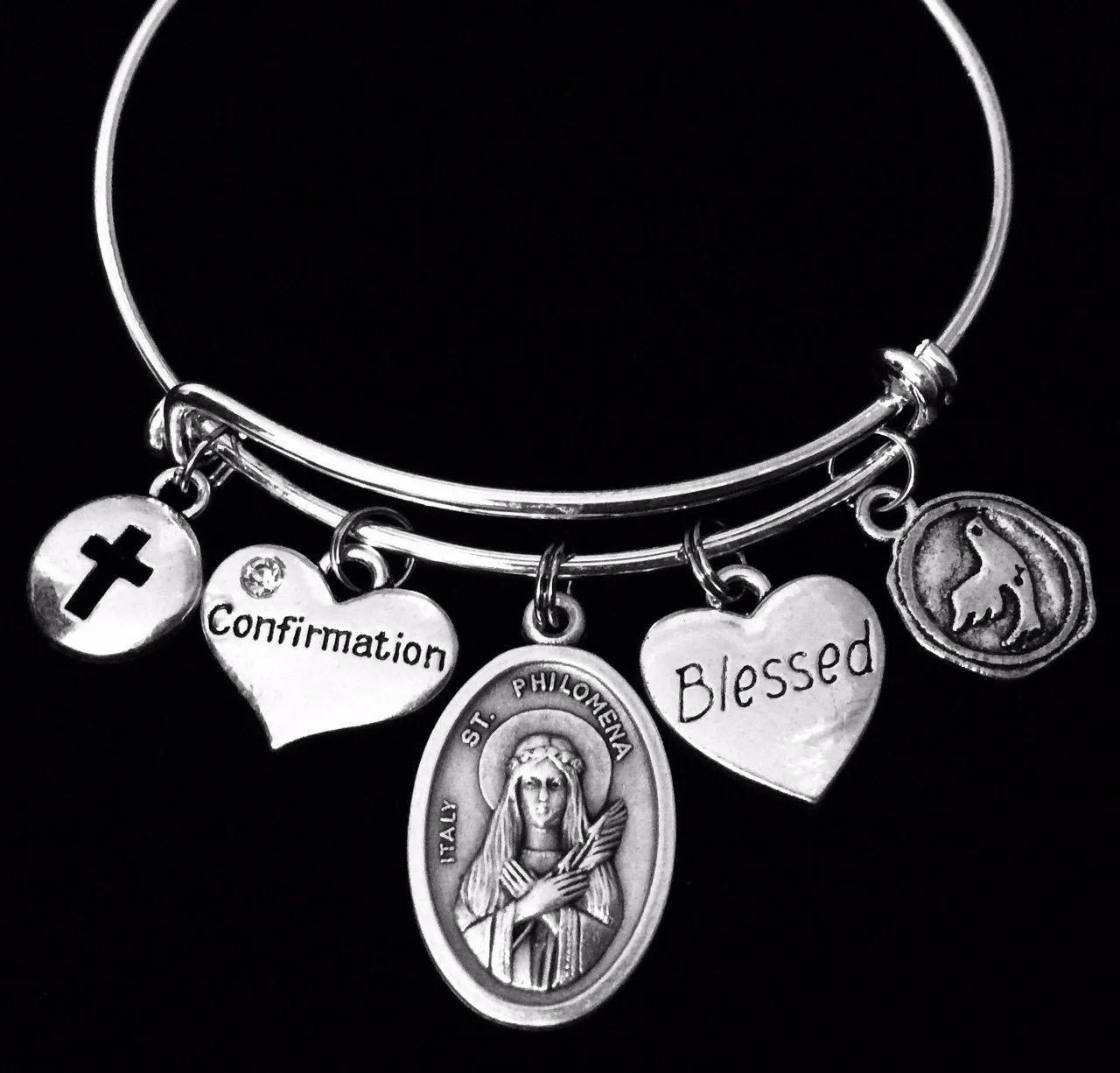 Saint Joan of Arc Confirmation Jewelry Expandable Charm Bracelet Blessed Silver Adjustable Bangle Catholic Cross Gift Dove