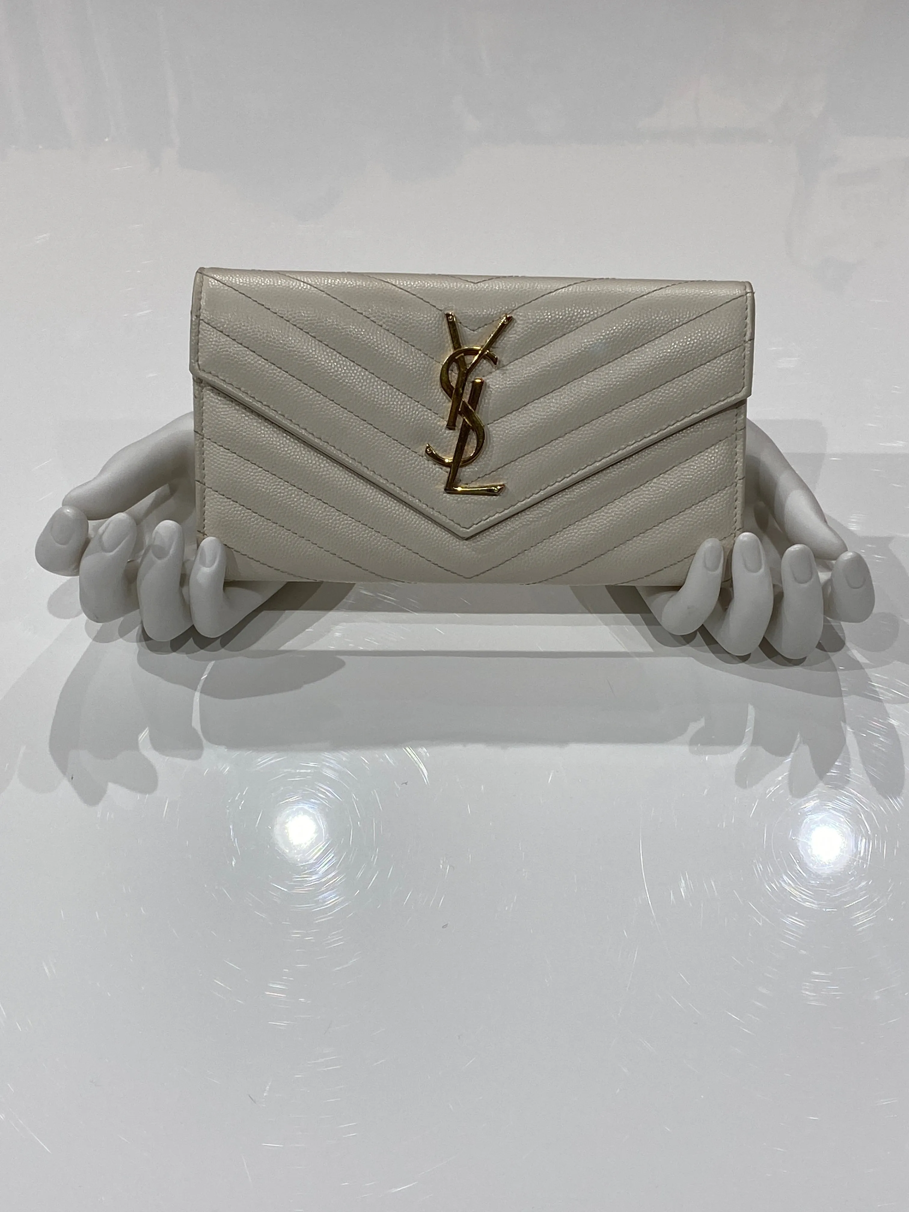 Saint Laurent Cream Classic Metelasse Chevron Large Leather Wallet