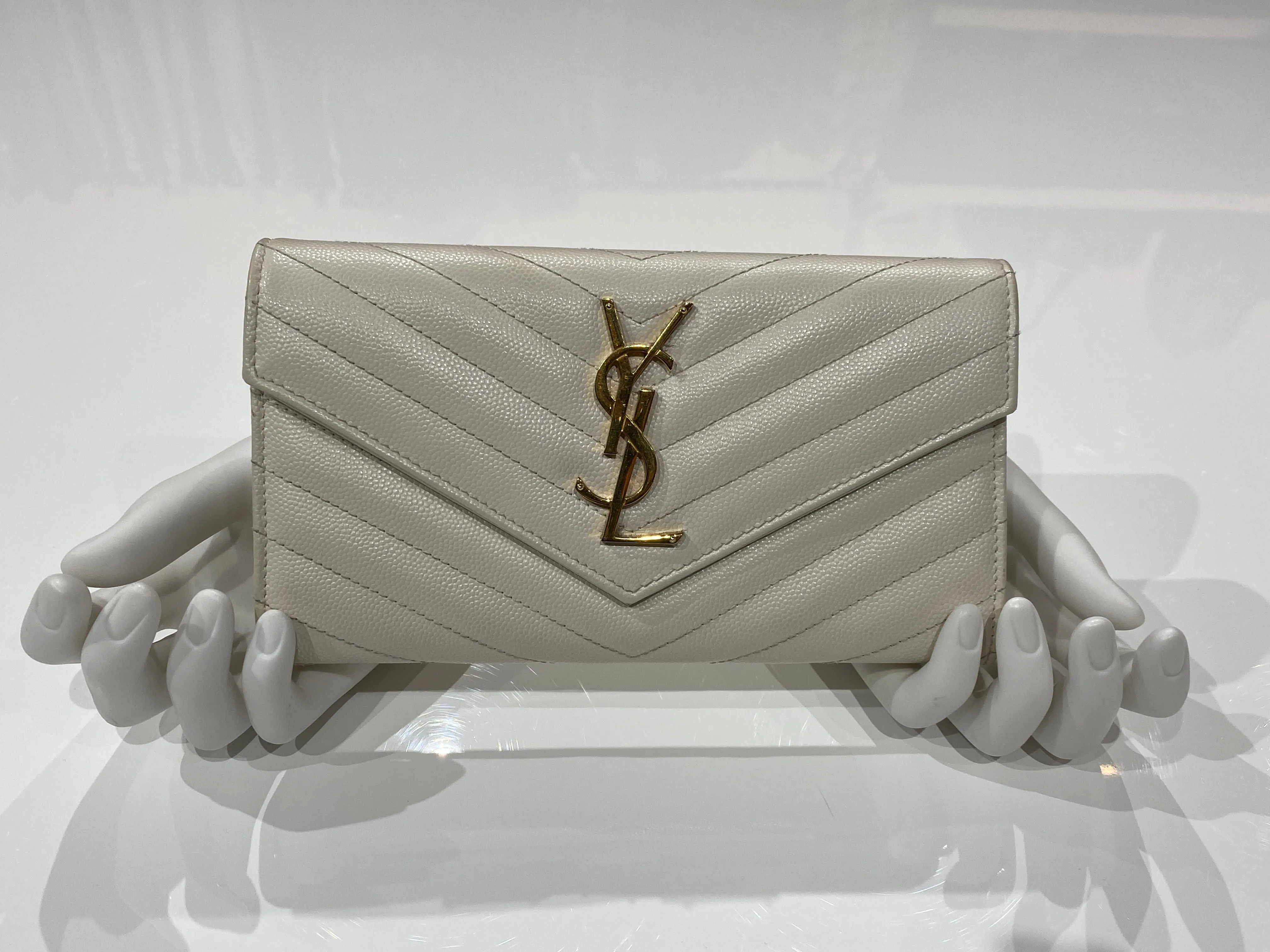 Saint Laurent Cream Classic Metelasse Chevron Large Leather Wallet
