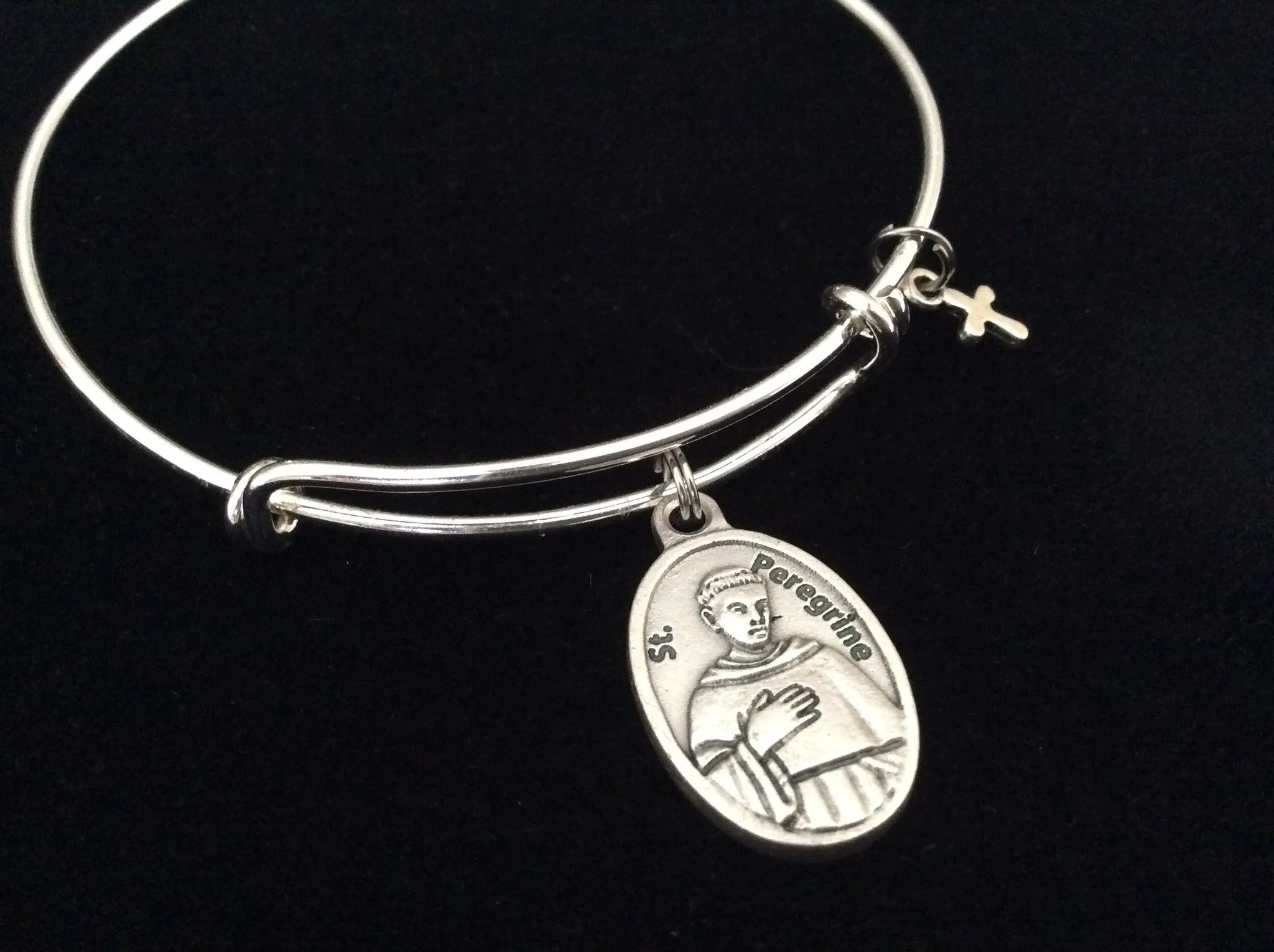 Saint Peregrine Medal Silver Expandable Bracelet Double Sided Adjustable Wire Bangle Stacking Trendy Gift