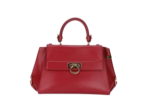 SALVATORE FERRAGAMO SOFIA DY-21 E530 2WAY BAG RED LEATHER GOLD HARDWARE WITH SLING AND DUST COVER