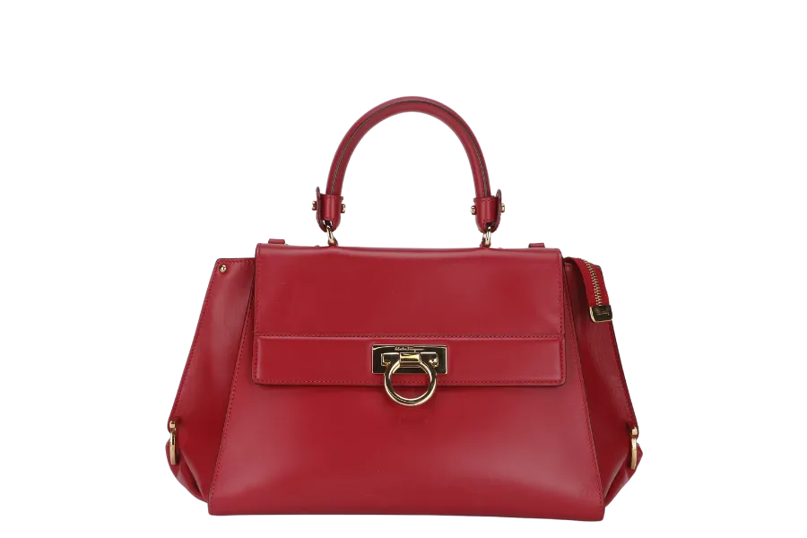 SALVATORE FERRAGAMO SOFIA DY-21 E530 2WAY BAG RED LEATHER GOLD HARDWARE WITH SLING AND DUST COVER