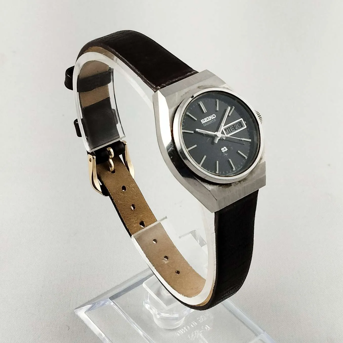 Seiko Unisex Watch, Black Dial, Dark Brown Leather Strap