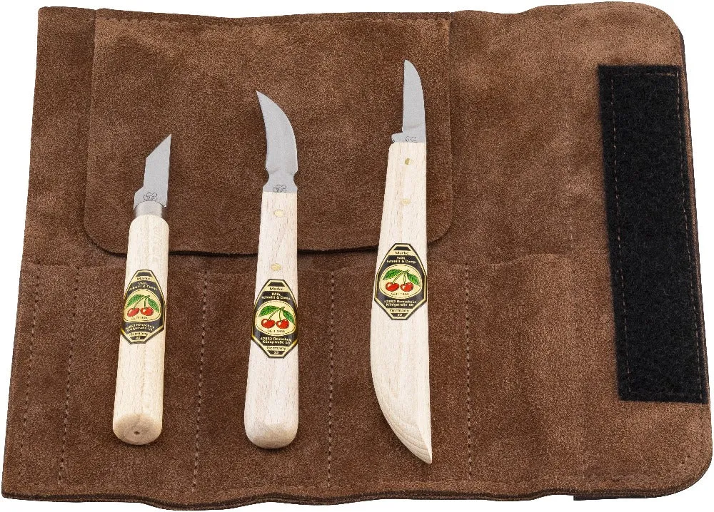 Set of 3 x carving knives in suede leather wallet (Two Cherries)