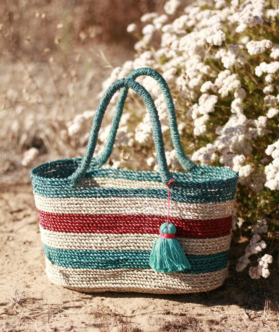 Shabba Pandan Straw Tote Bag, in Coastal Red & Turquoise