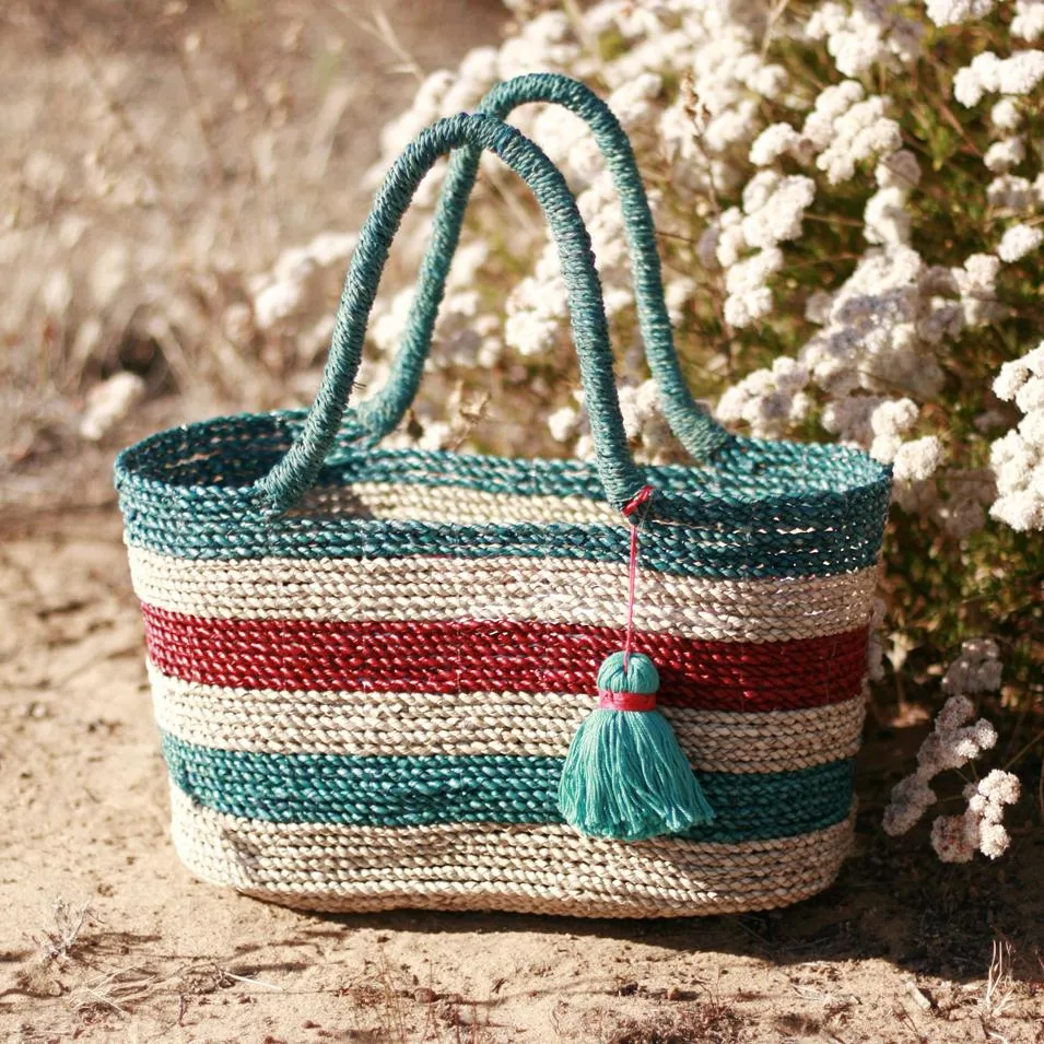 Shabba Pandan Straw Tote Bag, in Coastal Red & Turquoise