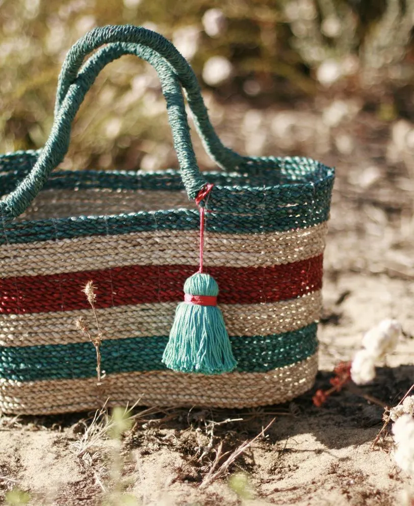 Shabba Pandan Straw Tote Bag, in Coastal Red & Turquoise