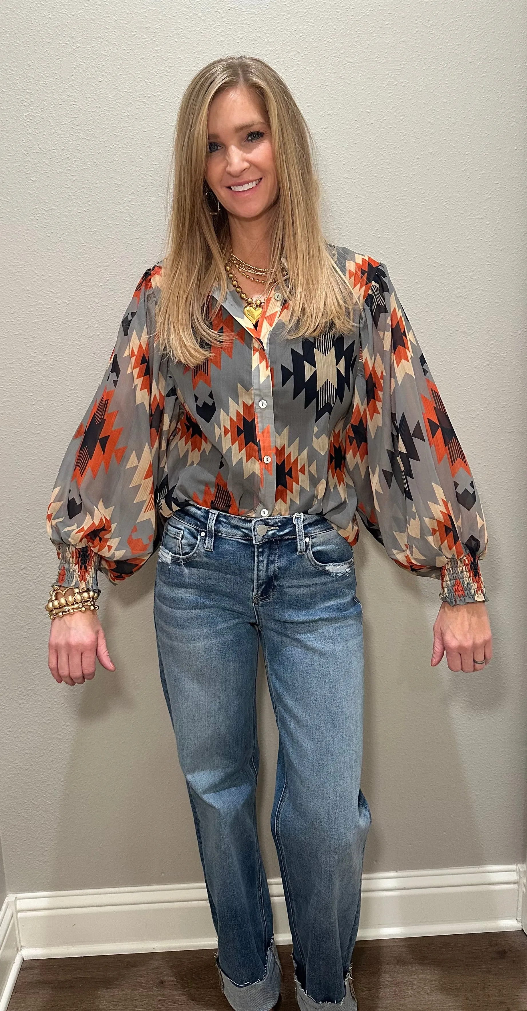 Sheer Aztec Button Down w/ Bubble Sleeves