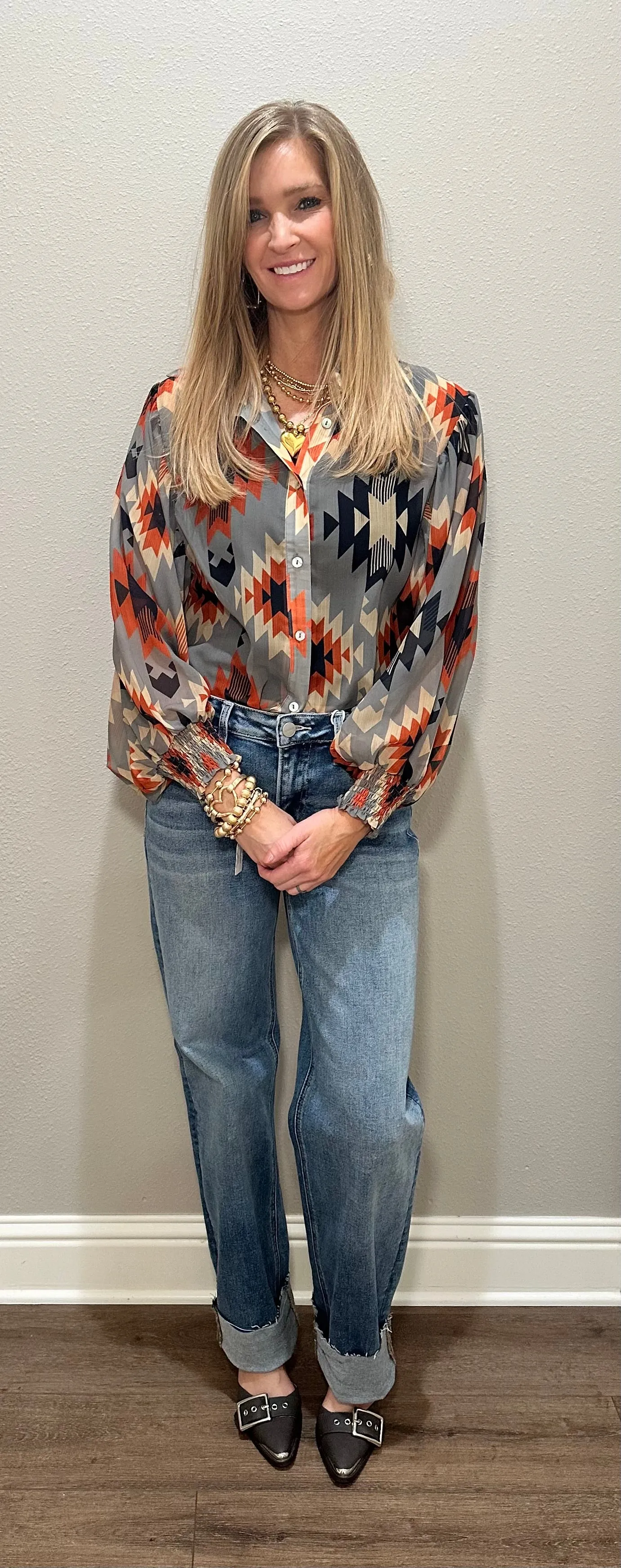 Sheer Aztec Button Down w/ Bubble Sleeves