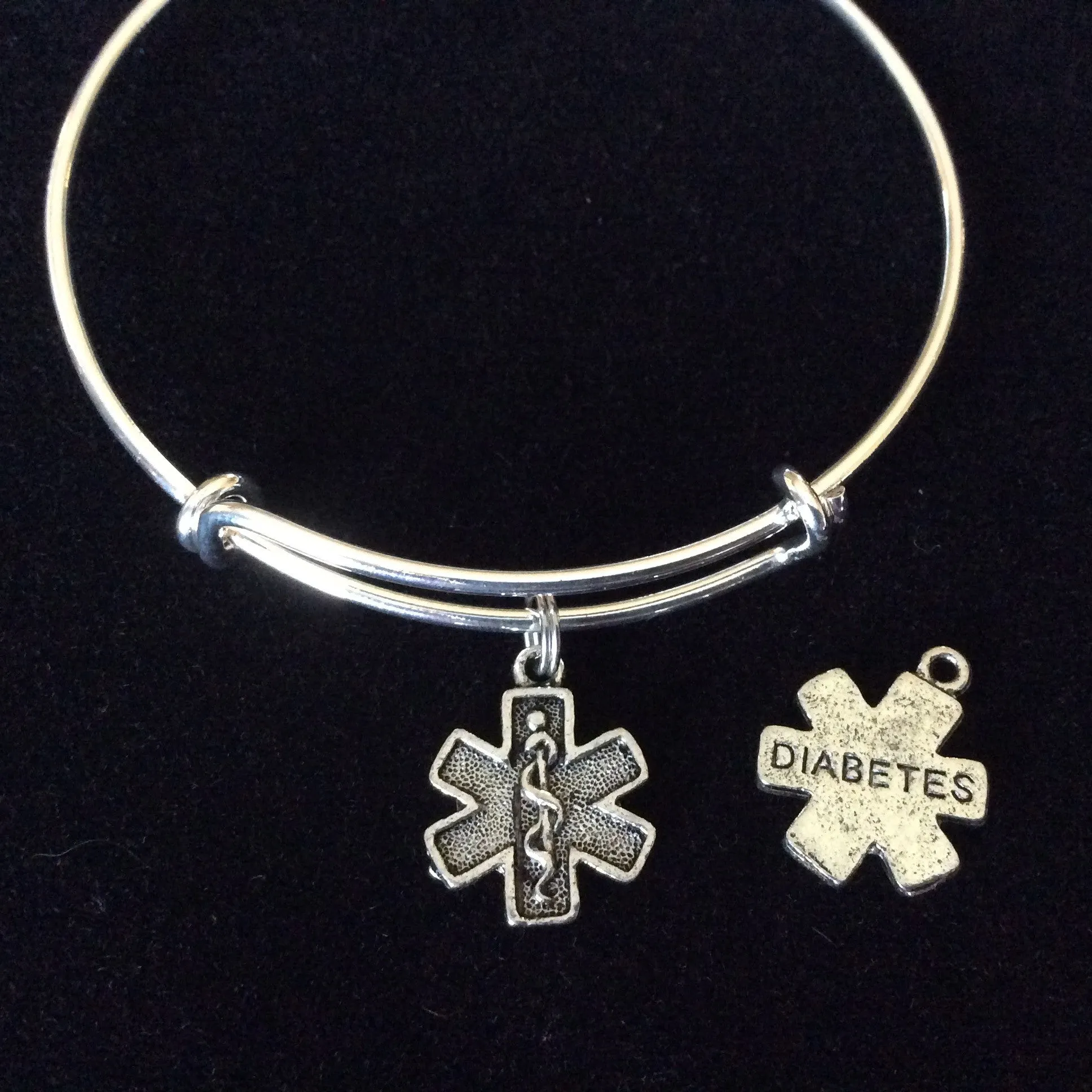 Silver Diabetic Medical Alert (Double Sided Charm) on an Adjustable Bangle Bracelet Diabetes Charm Bangle Trendy Gift