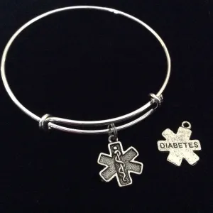 Silver Diabetic Medical Alert (Double Sided Charm) on an Adjustable Bangle Bracelet Diabetes Charm Bangle Trendy Gift