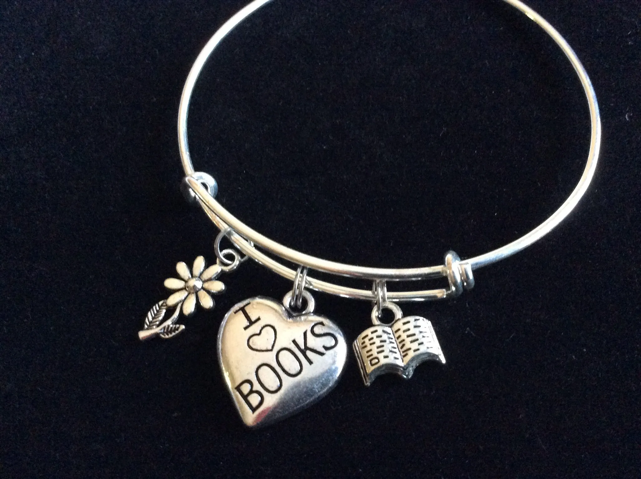 Silver I Love Books Charm with Book and Daisy on Expandable Bracelet Handmade Adjustable Silver Wire Bangle Book Club Gift