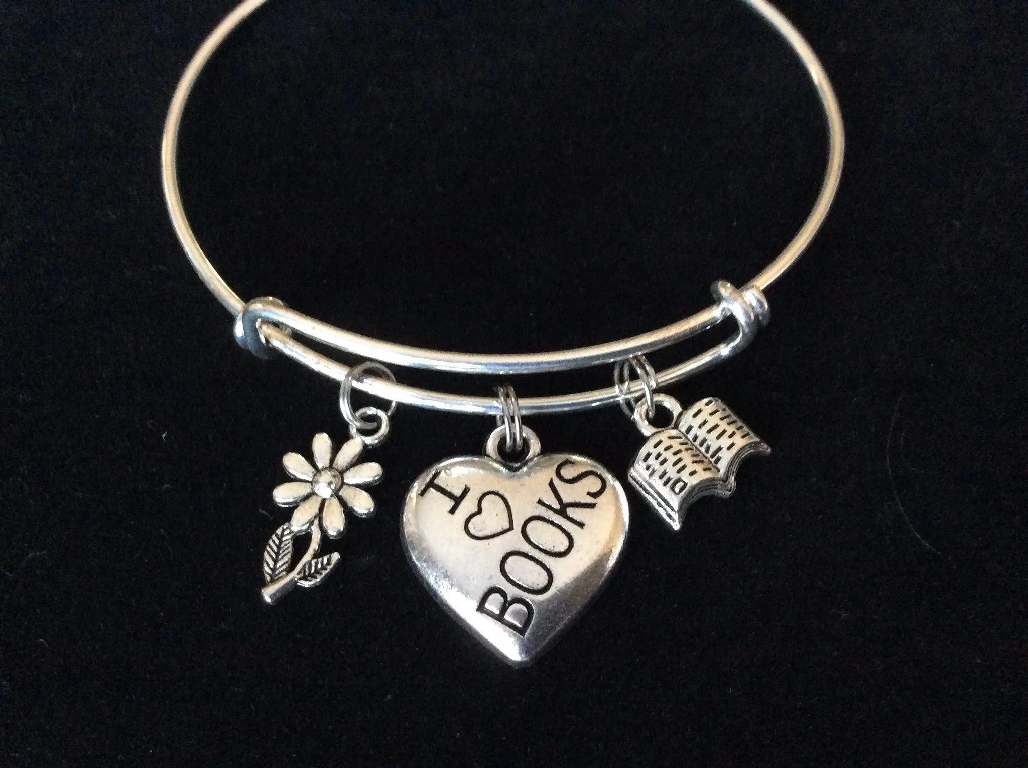 Silver I Love Books Charm with Book and Daisy on Expandable Bracelet Handmade Adjustable Silver Wire Bangle Book Club Gift