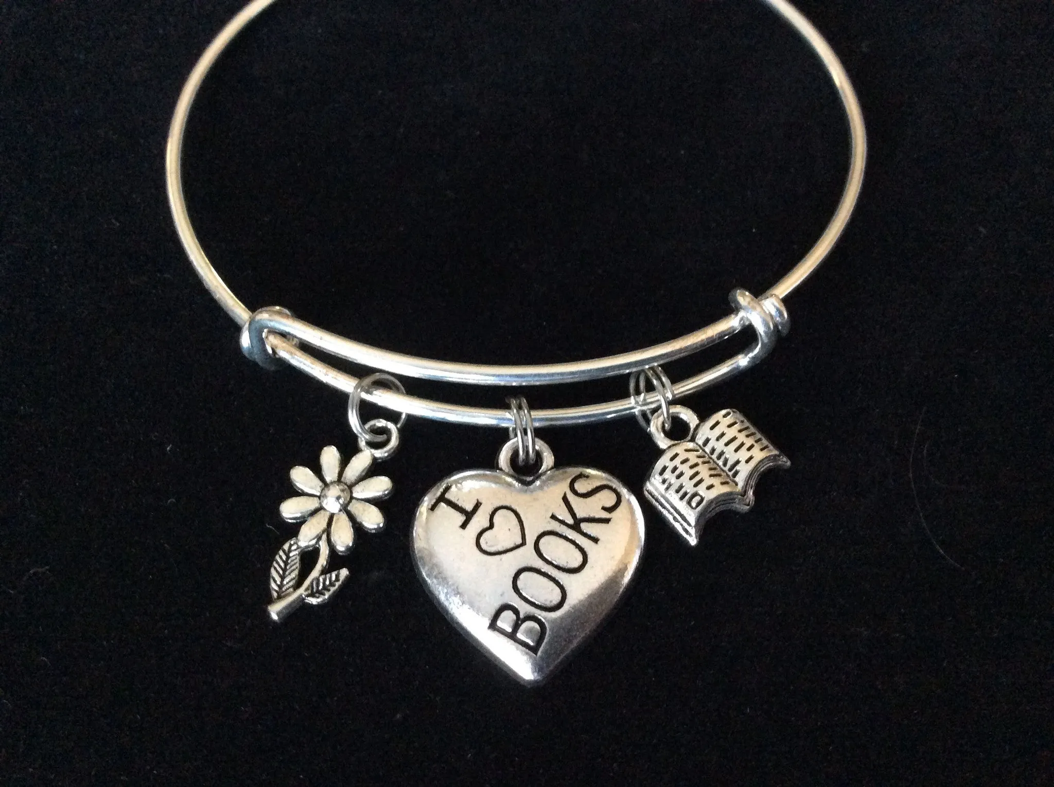 Silver I Love Books Charm with Book and Daisy on Expandable Bracelet Handmade Adjustable Silver Wire Bangle Book Club Gift