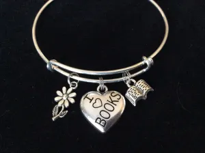 Silver I Love Books Charm with Book and Daisy on Expandable Bracelet Handmade Adjustable Silver Wire Bangle Book Club Gift