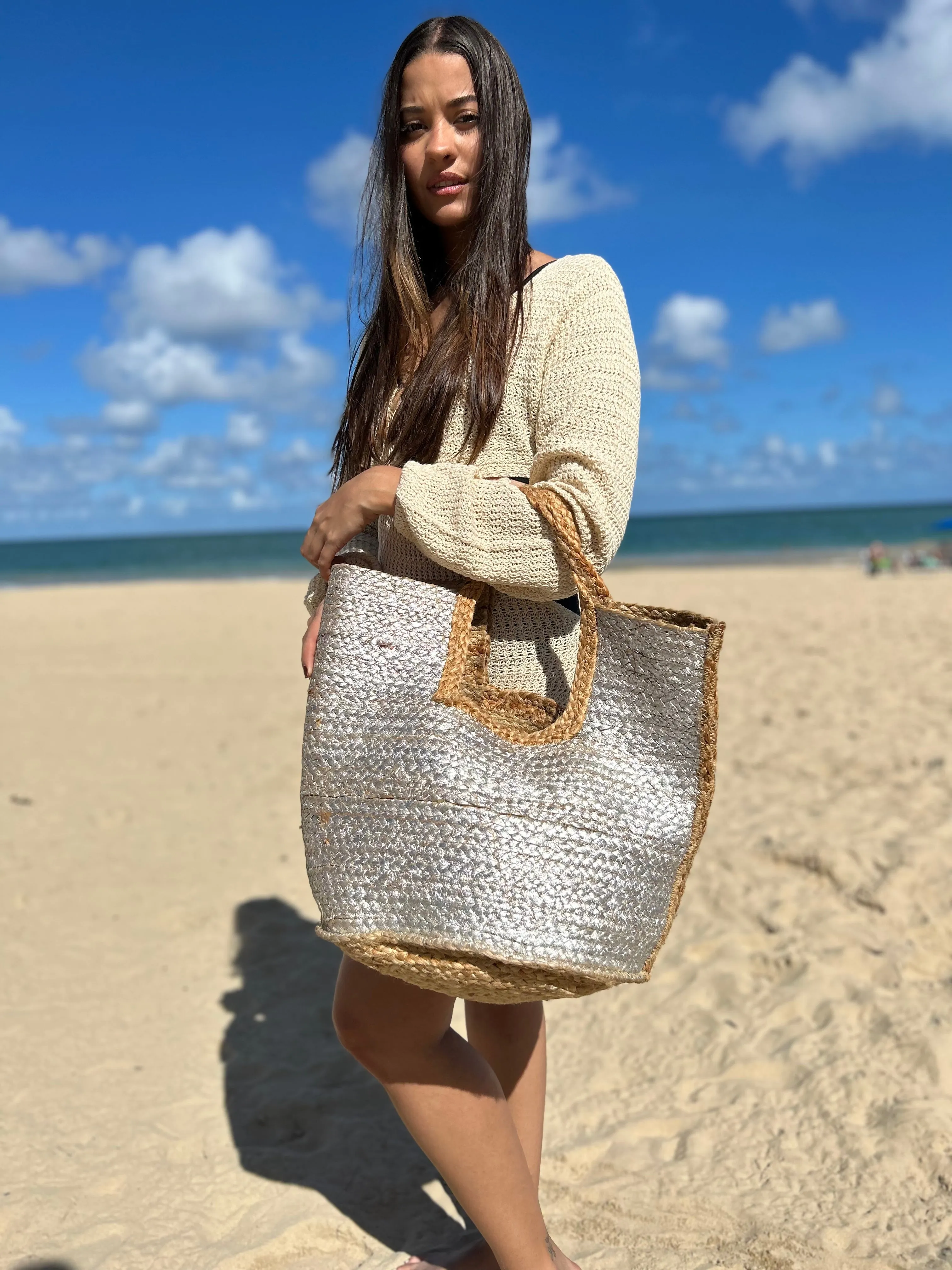 SILVER STRAW TOTE
