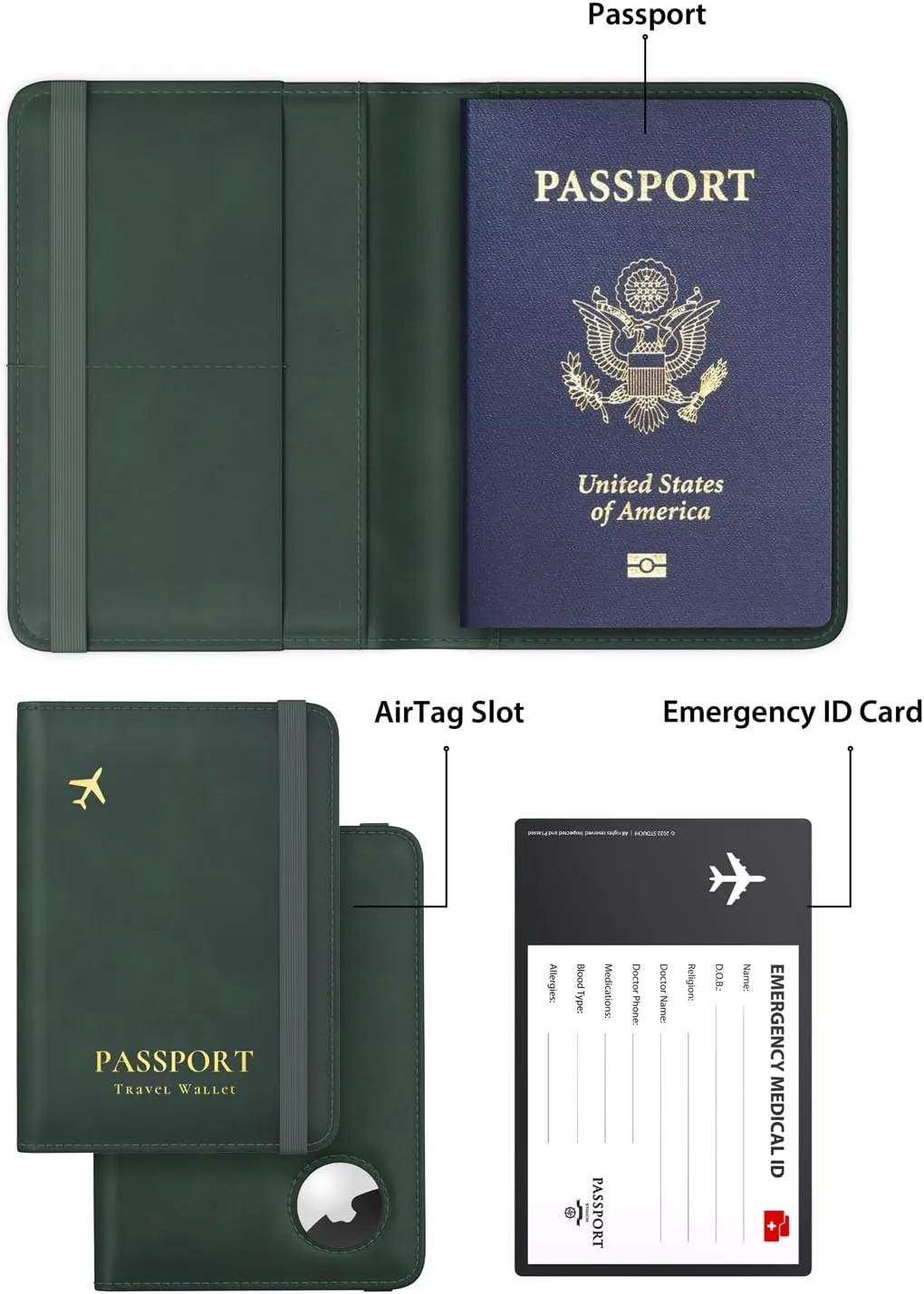 Slim Leather Passport Wallet Holder with Airtag Slot for Family