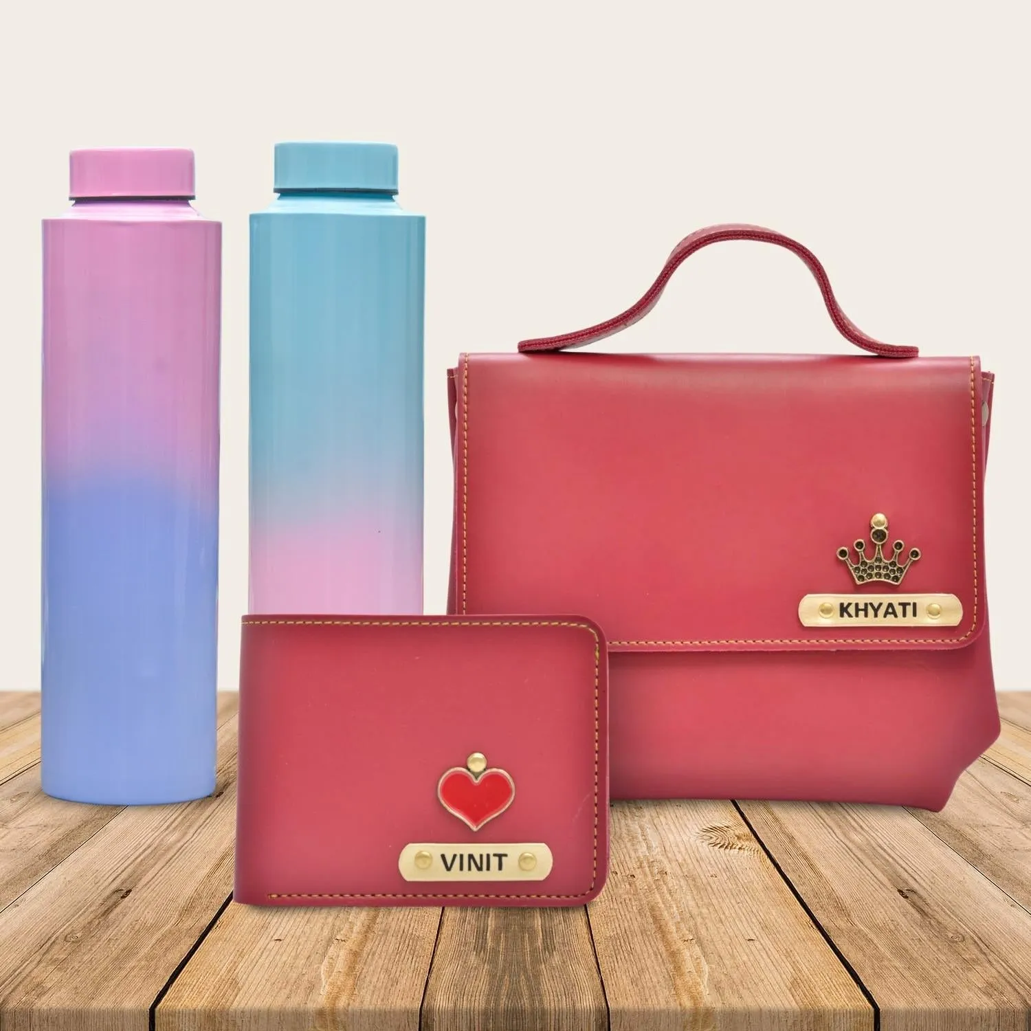 Sling Bag & Men's Wallet & Personalised Couple Rainbow Classic WaterBottle - Wine