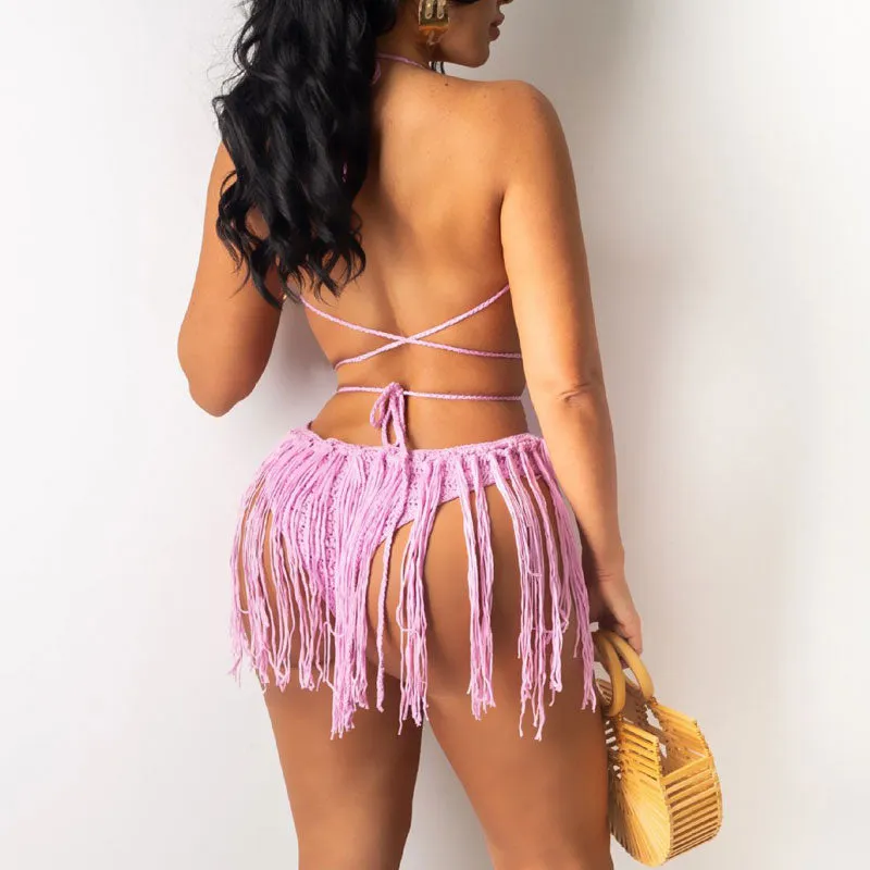 Solid Crochet Tassel Design Beach Dress