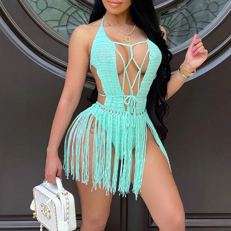 Solid Crochet Tassel Design Beach Dress