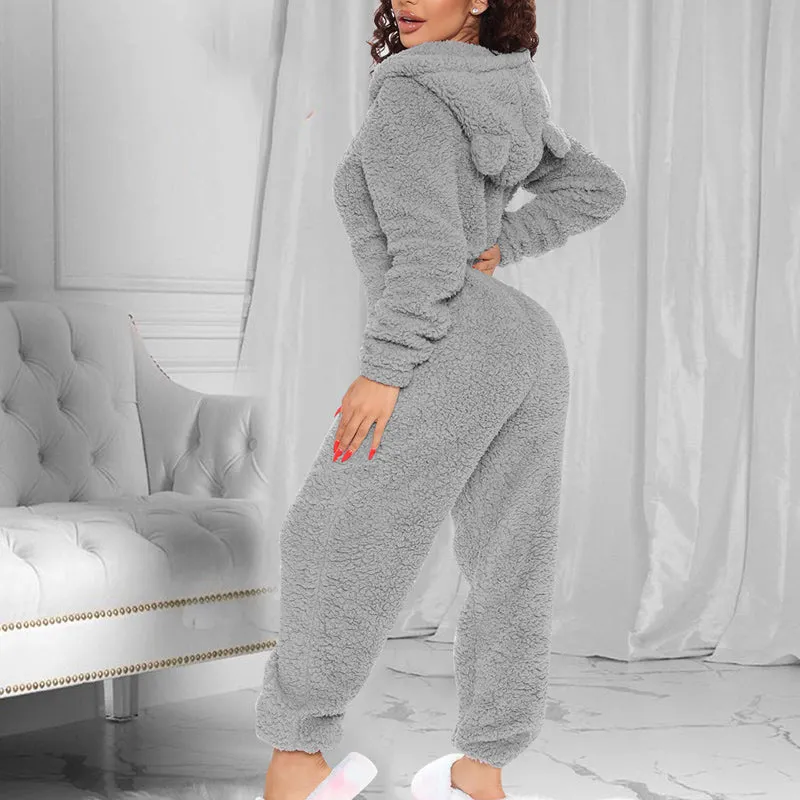 Solid Fluffy Long Sleeve Hooded Jumpsuit