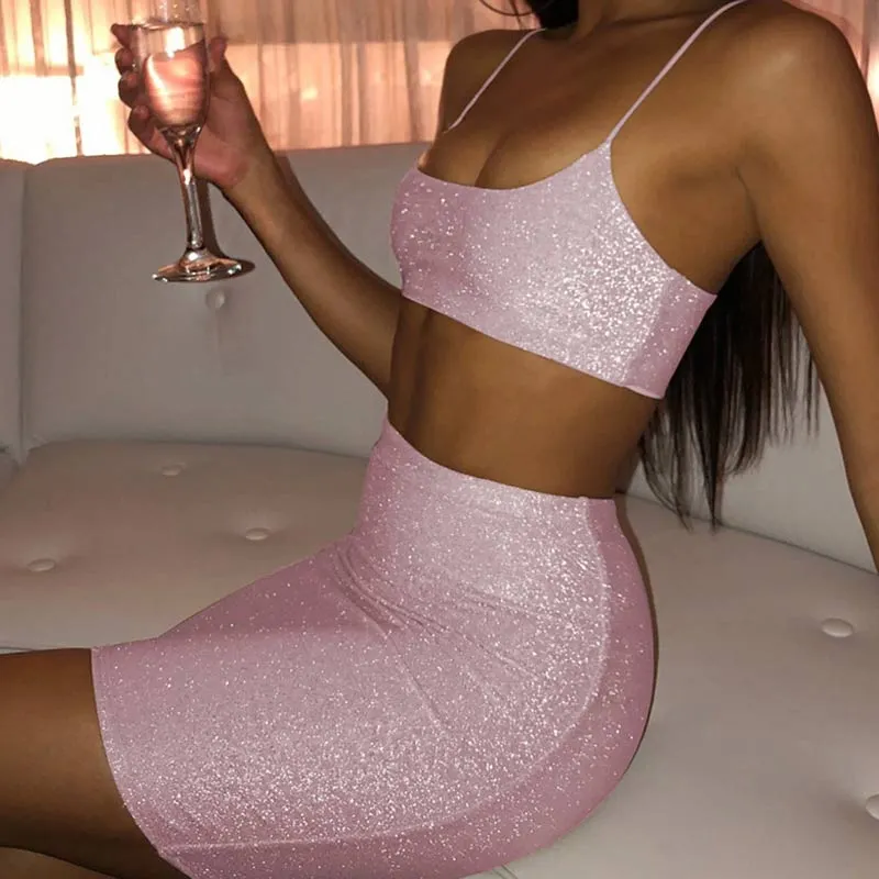 Solid Glitter Sleeveless Crop Top & Skirts Set