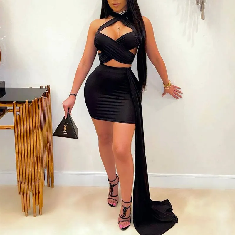 Solid Hollow Out Bandage Bodycon Dress