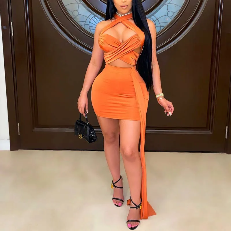 Solid Hollow Out Bandage Bodycon Dress