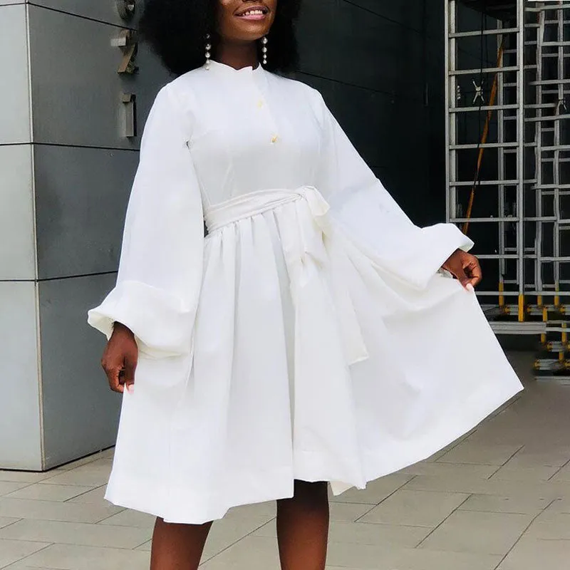 Solid Lantern Sleeve Button Detailed Pleated Dress
