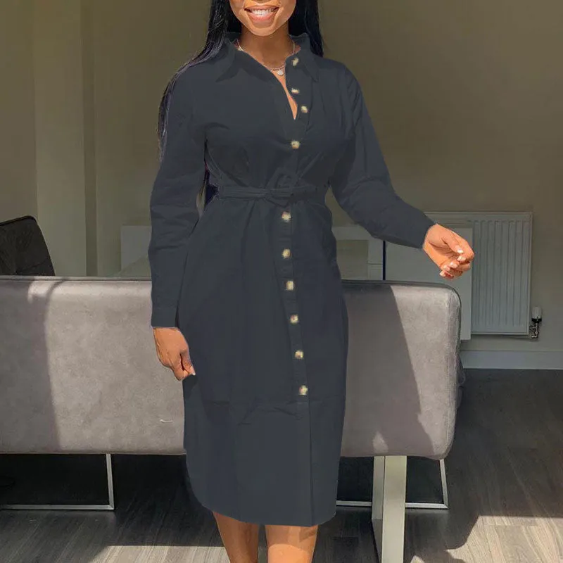 Solid Long Sleeve Button Detailed Shirt Dress