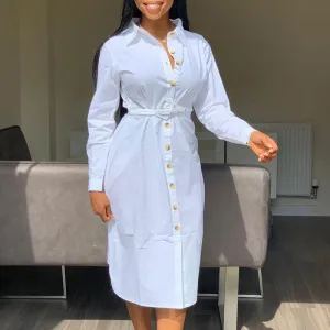Solid Long Sleeve Button Detailed Shirt Dress