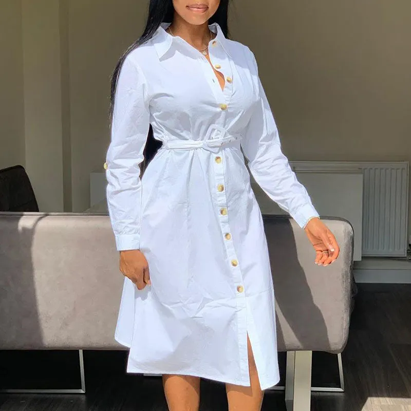 Solid Long Sleeve Button Detailed Shirt Dress
