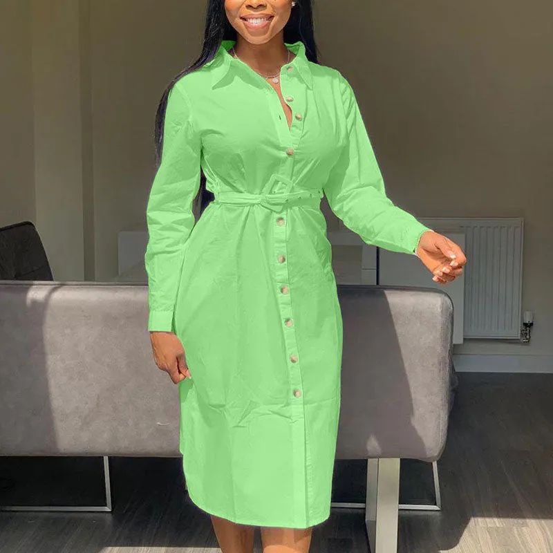 Solid Long Sleeve Button Detailed Shirt Dress