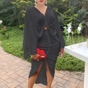 Solid Long Sleeve Ruched Slit Dress