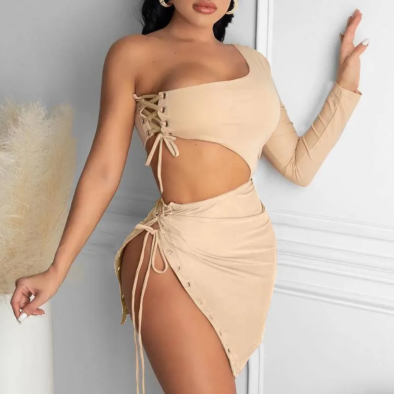 Solid One Shoulder Bandage Crop Top & Skirt Set