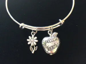 Special Teacher and Daisy Charm Bracelet Silver Wire Bangle Adjustable and Expandable One Size Fits All School Gift