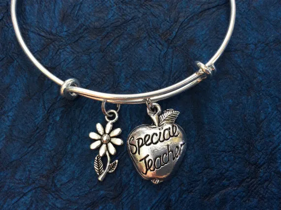 Special Teacher and Daisy Charm Bracelet Silver Wire Bangle Adjustable and Expandable One Size Fits All School Gift
