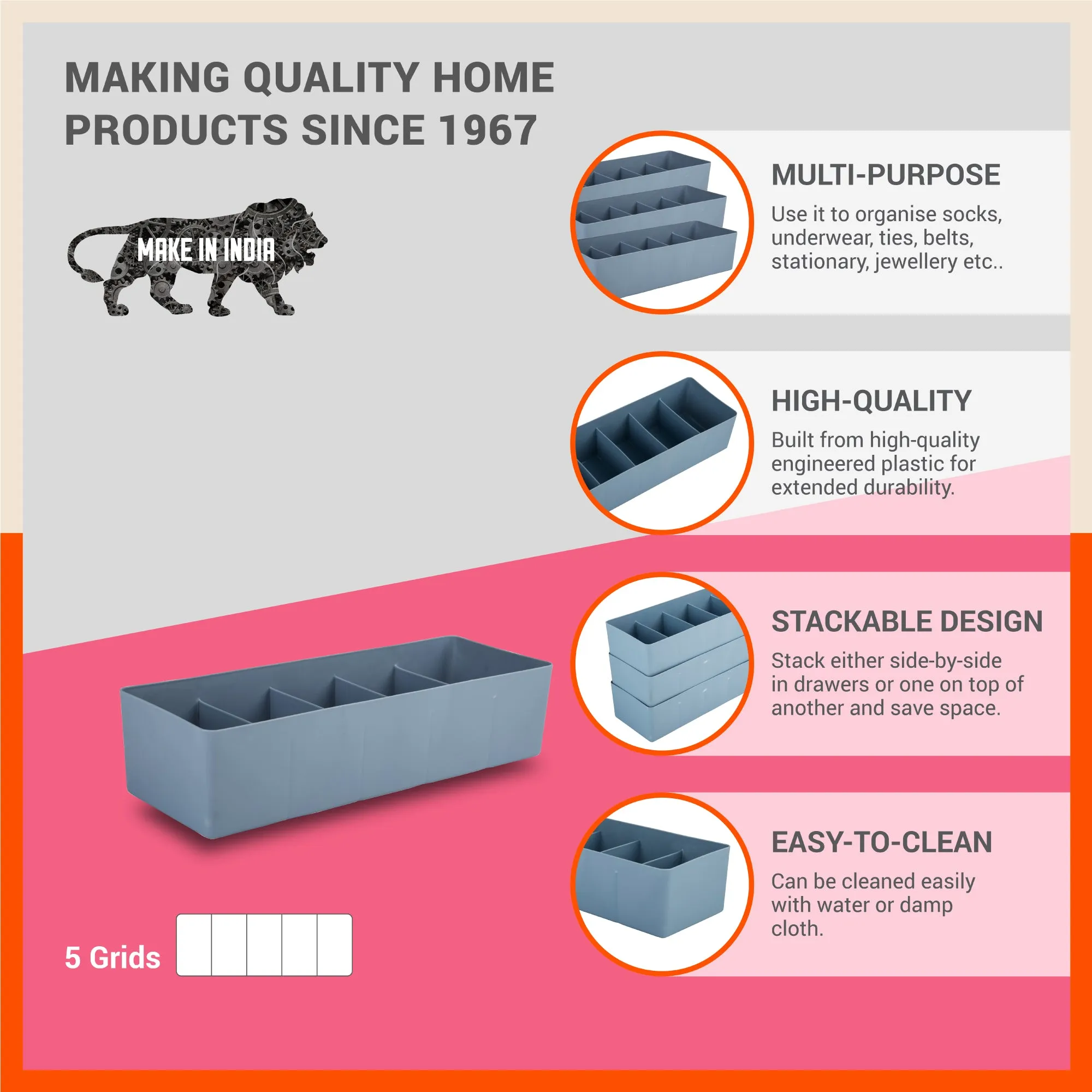 Stomo Dori Multi-Purpose Stackable Drawer Organizer For Home | Ash - Set of 2