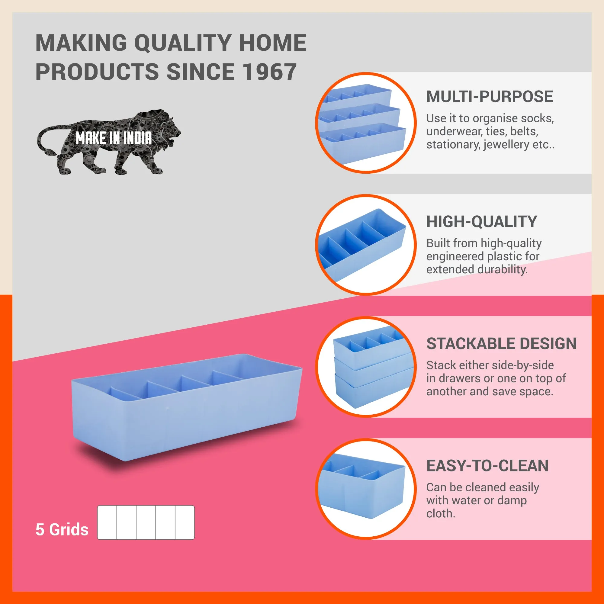 Stomo Dori Multi-Purpose Stackable Drawer Organizer For Home | Sky Blue - Set of 4