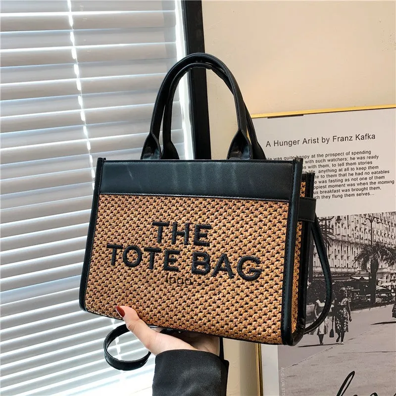 Straw Tote Bag Niche2023Women's Cross-Border Small Square Bag Letter Splicing tote bag Foreign Trade Handbags