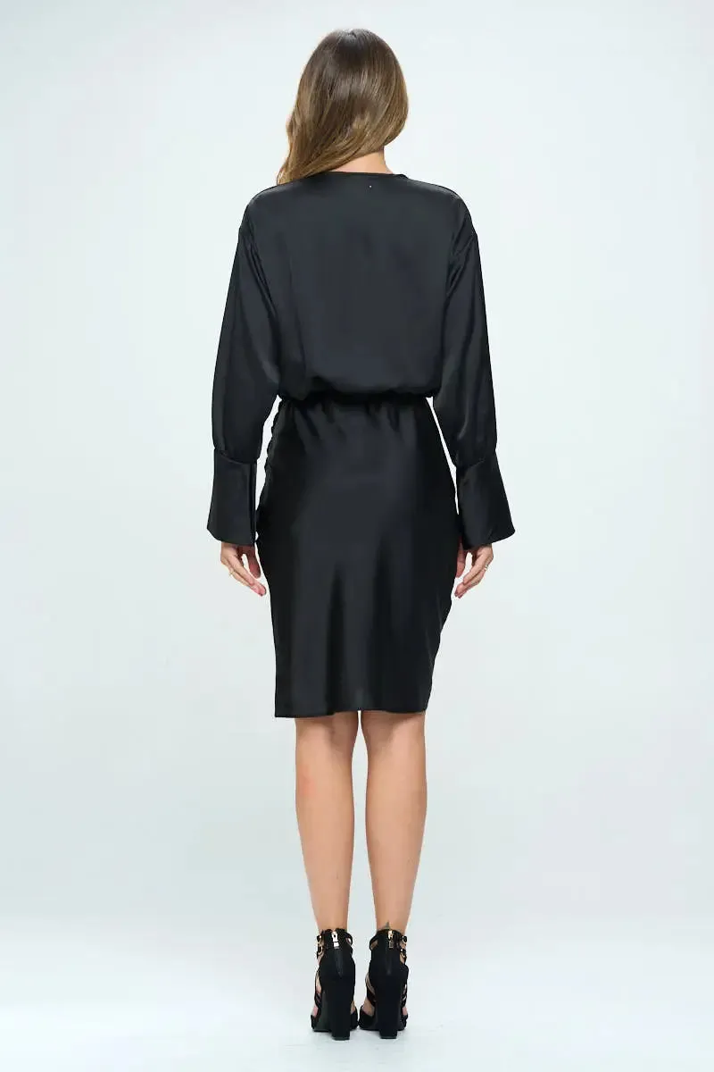 Stretch Satin Cowlneck Dress w Asymmetrical Hem