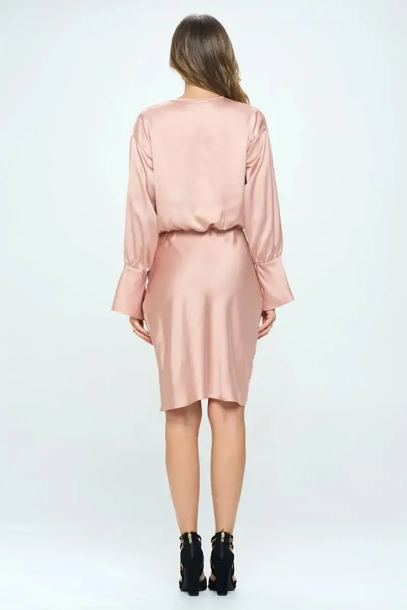 Stretch Satin Cowlneck Dress w Asymmetrical Hem