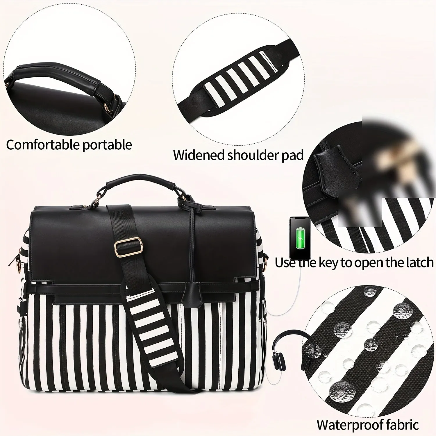 Striped Functional Laptop Bag, Casual Canvas Handbag, Women's Computer Briefcase With USB Charging Port