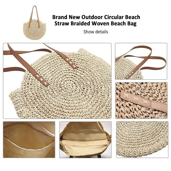 Summer New Fashion Outdoor Circular Beach Straw Braided Woven Beach Bag Travel Sling Bag Tote Bag